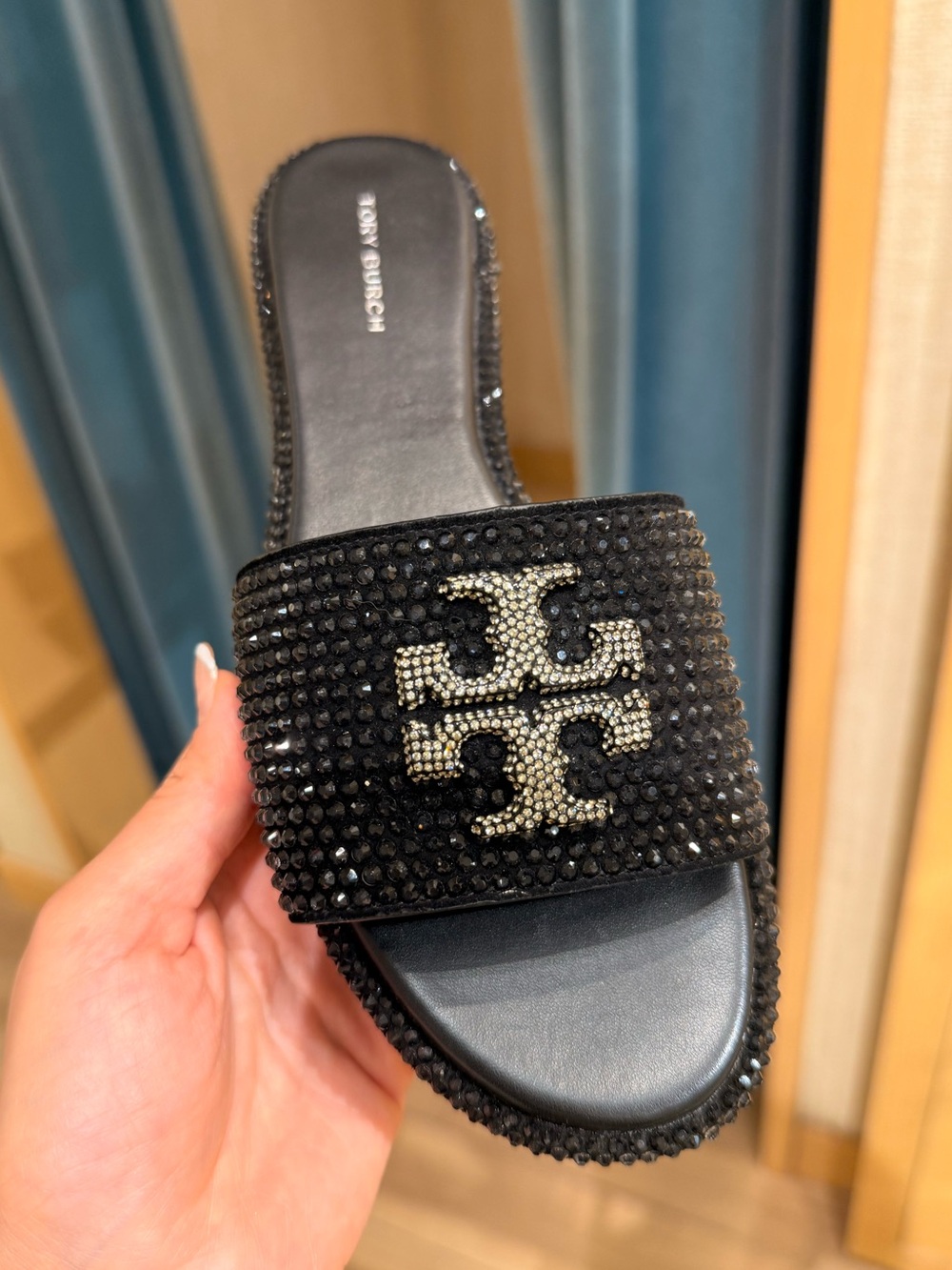 Tory Burch Everly Crystal Logo Rhinestone Slide Sandals, Black / Clear / Silver - Picture 5 of 5